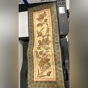 Rare Antique Chinese Silk Embroidered l Bird Flowers Golden Tone Thread 9*24”